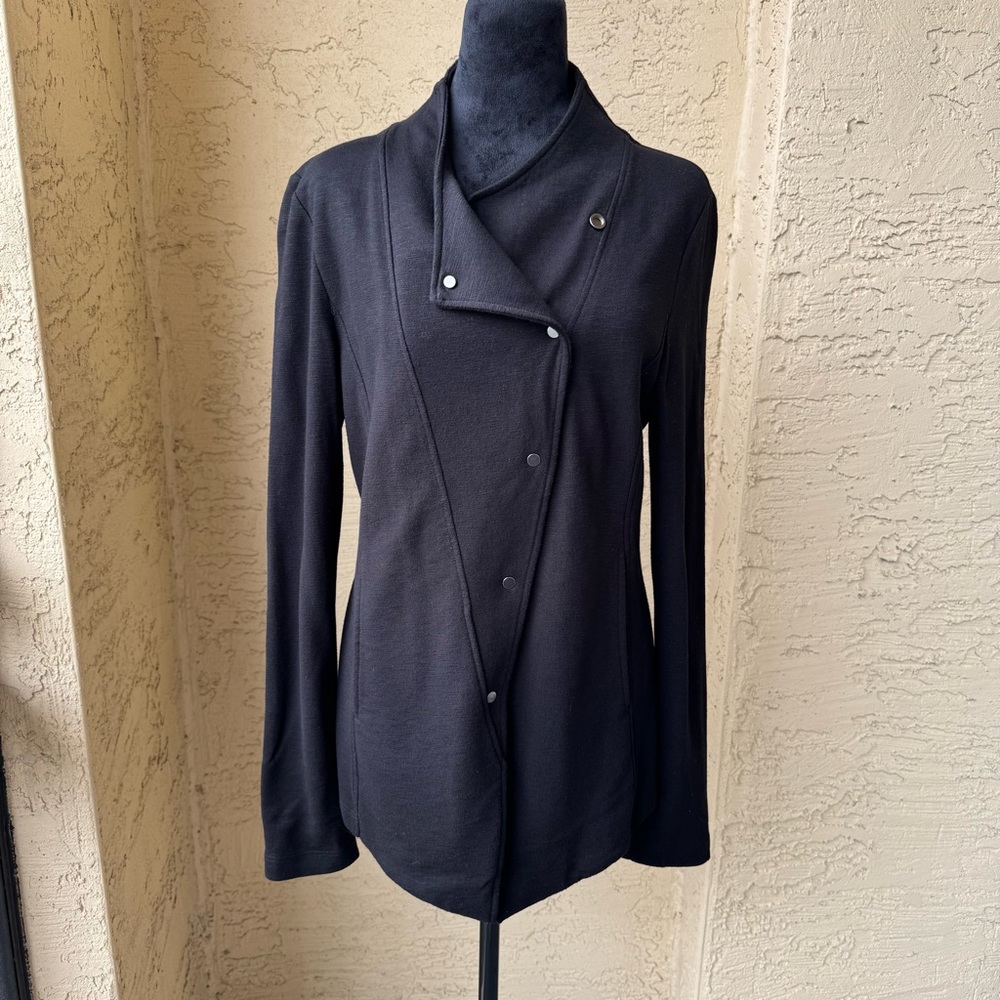 EILEEN FISHER Black Jersey Asymmetric Jacket Sz S/P Snap Front Organic Cotton